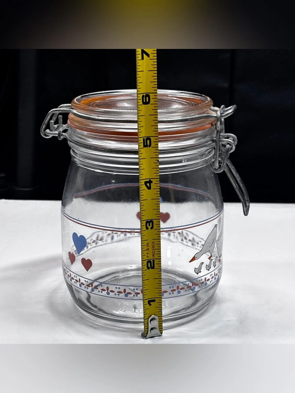 Vintage ARC France Glass Hinged Canister 3/4L Geese & Hearts 80s Country Pastel